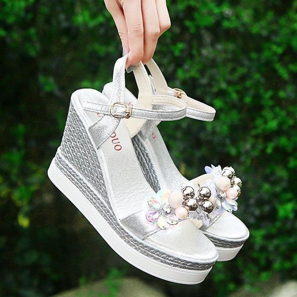 

sandals rimocy luxury crystal pearl wedges for women ladies summer high heels platform sandalias ankle strap rome shoes woman 33, Black