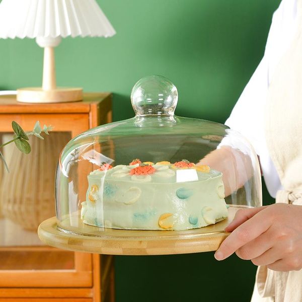 

baking & pastry tools european-style wooden cake turntable dessert table glass cover rotating tray deskdecoration display stand