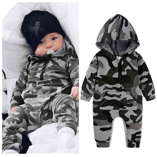 Baby Boys Camouflage Romper Newborn Baby с длинными рукавами на молнии на молнии Camo олень с капюшоном комбинезон карманный наряд серый 210413