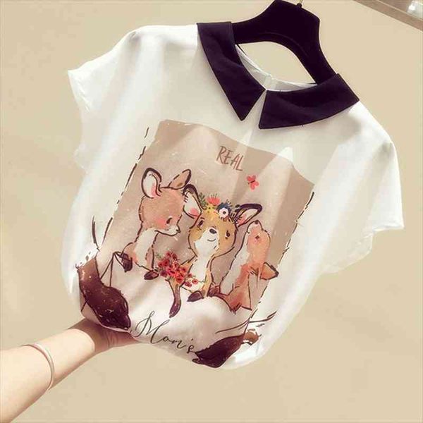 

womens spring summer style chiffon blouses womens elegant short sleeve animal printed casual loose dd9064, White
