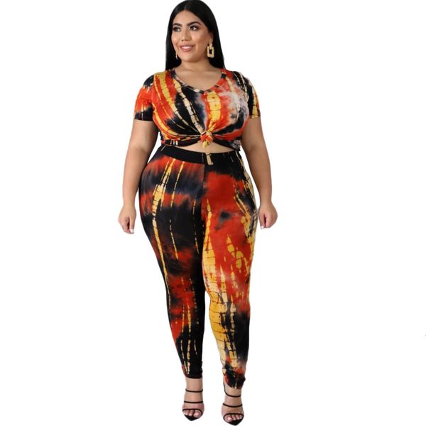 

ins plus size women outfits popluar tie-dye print short sleeves t shirt casual party sports pants sets real pos, White