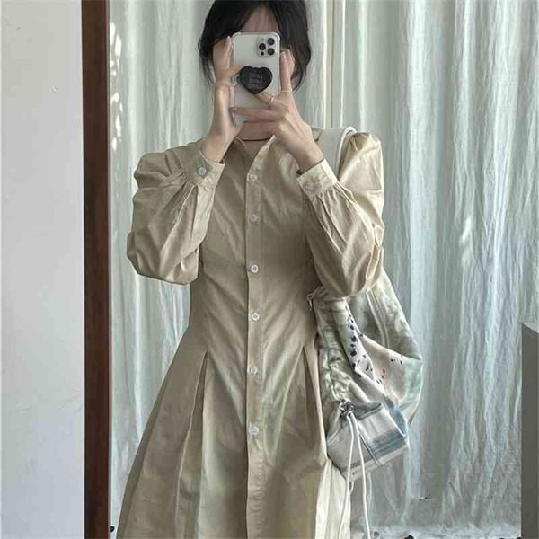 

[ewq] summer new fashion temperament elegant black all-match puff sleeve waist long sleeve shirt robe dress women 16f1059 210423, Black;gray