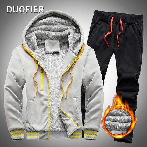 

men's tracksuits men set fashion brand tracksuit lined thick sweatshirt + pants sportswear sets male winter fleece warm hooded outerwea, Gray