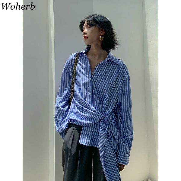 

womens blouse spring long-sleeved design niche loose irregular blue white striped shirt korean blusa 210422
