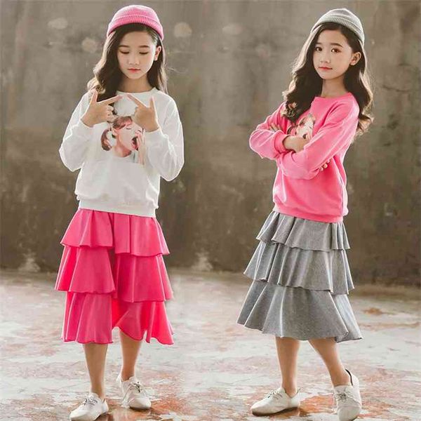

autumn children sets casual long sleeve o neck print t-shirt gray solid ruffles skirt 2pcs girls clothes 3-12t 210629, White