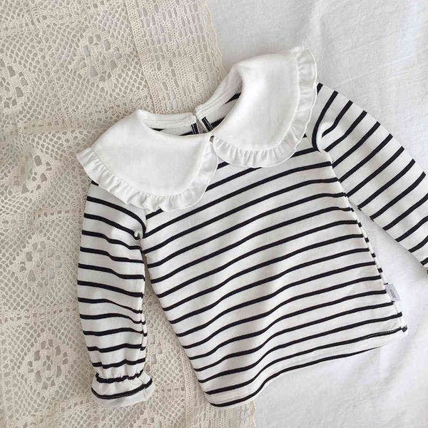 

2021 new cotton baby girls t-shirts toddler girls striped blouse 1-6y autumn children clothing peter pan collar shirts kids g1209, Blue