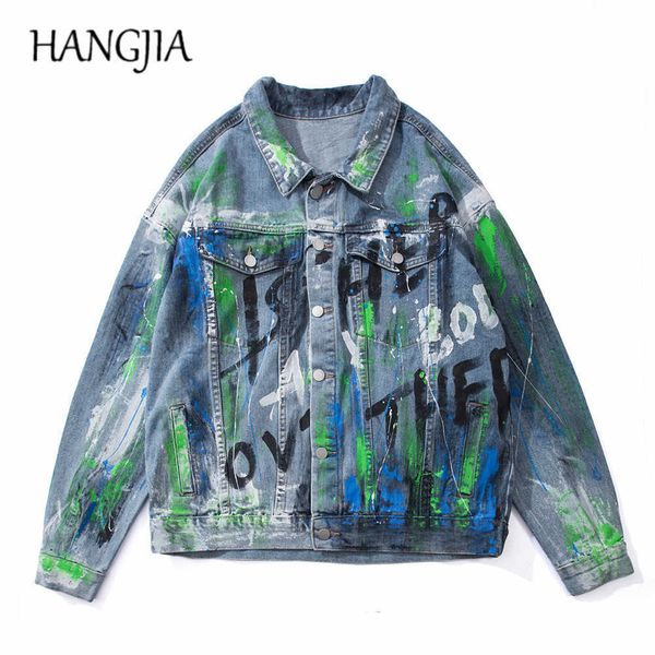 Giacca di jeans Hip Hop Graffiti Retro Streetwear Lettere Giacca di jeans stampata Harajuku Autunno Inverno Giacche maschili Jeans Swag C0607