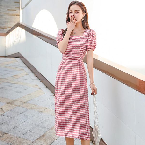 

casual dresses 2021 french style retro lattice square collar high waist knee check vestidos puff sleeve zipper plus size women dress female, Black;gray