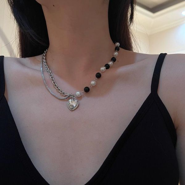 

chains kpop transparent love heart crystal pendant clavicle chain black white pearl chocker necklace for women egirl aesthetic jewelry, Silver