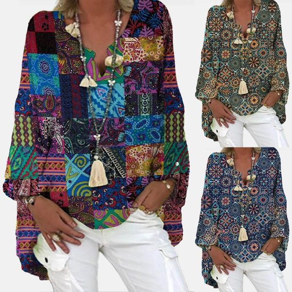 

women's blouses & shirts vestidos blouse pullover boho print loose long sleeve v-neck shirt casaco feminino ropa de mujer d4, White