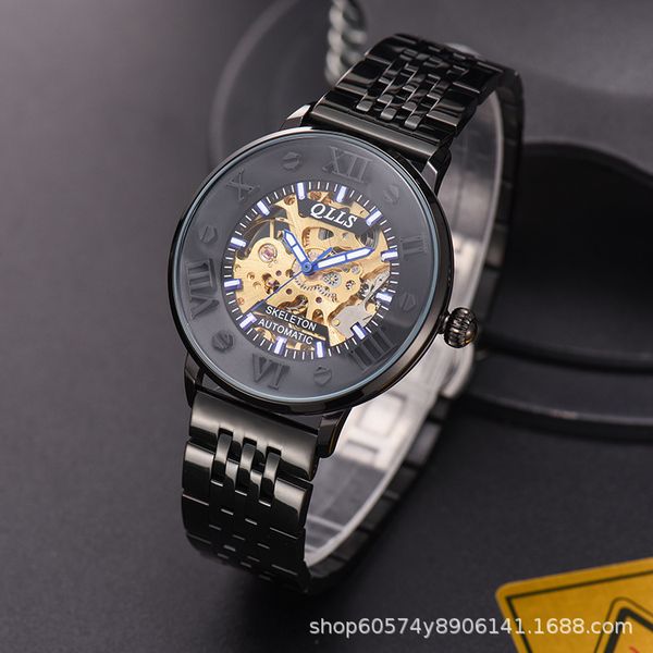 

european and american fashion high-end swiss genuine watch mens hollow steel belt high-end mechanical watch luminous waterproof, Slivery;brown