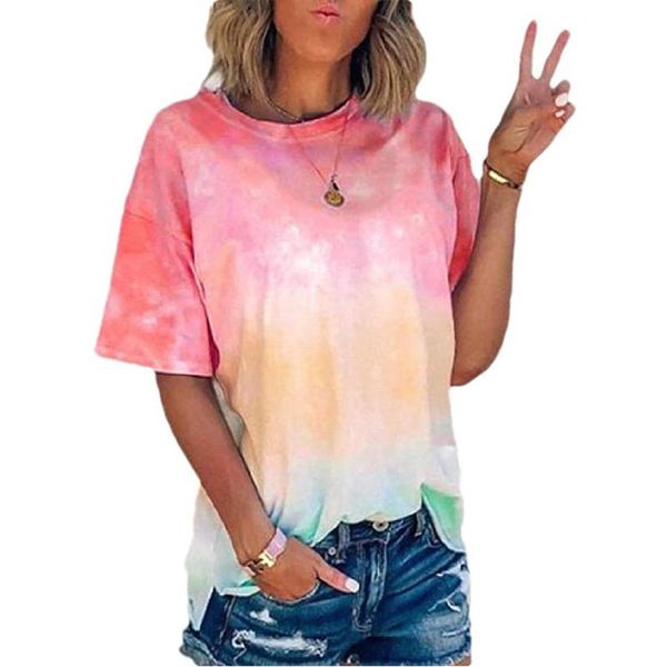 

women's blouses & shirts tie-dye rainbow blouse summer short sleeve crew-neck colourful casual s-5xl multicolor shirt ropa de mujer, White