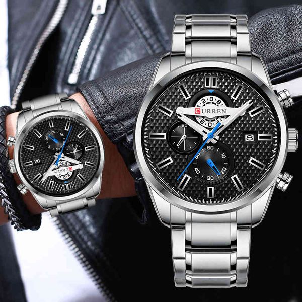 CURREN Orologio sportivo da uomo con quadrante grande per uomo Orologi al quarzo casual Cronografo da lavoro Orologio in acciaio inossidabile Relojes Hombre 210517