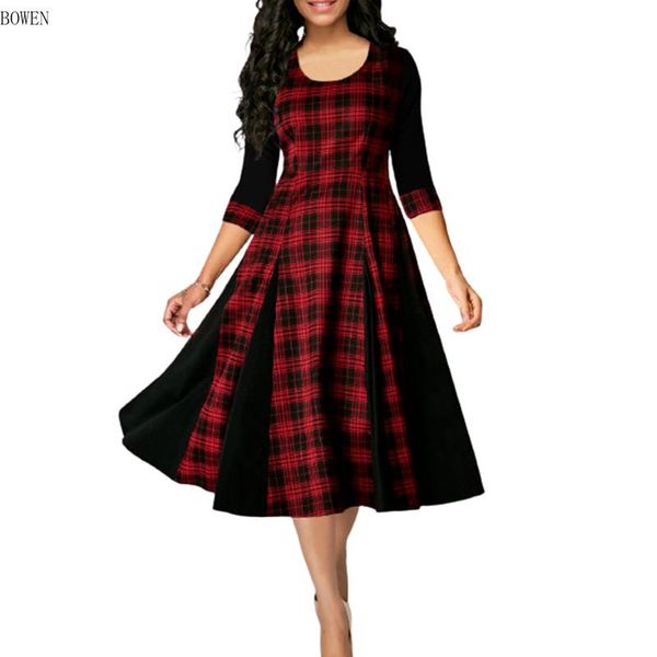 

casual dresses 3xl 4xl 5xl women vintage plaid ball gown dress 3/4 sleeve plus size autumn 2021 patchwork mid long robe femme, Black;gray