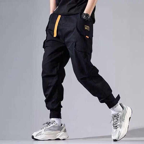 

men's pants loose fit elastic waist cargo street ankle banded large pockets casual fashion, Black