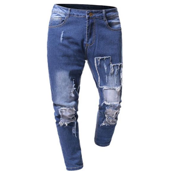 

mens hole patch skinny jeans fashion trend zipper button high street pencil pants designer spring male skateboard casual slim denim trousers, Blue