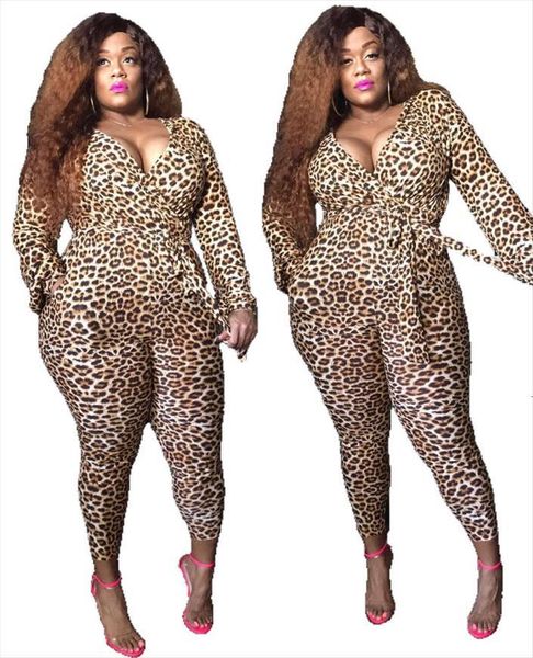 

clubwear plus size with women jumpsuit leopard printing autumn deep v neck long sleeve sashes lace up skinny rompers, Black;white