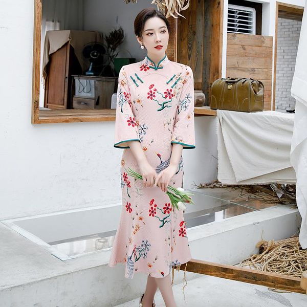 

velvet pink qipao mandarin collar chinese high-split mid-length cheongsam stage show dresses for women plus size 3xl 4xl ethnic clothing, Red