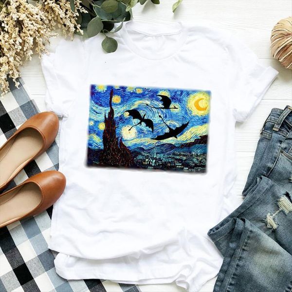 

painting castle print womens t shirts short sleeve o neck summer causal tee clothes, White