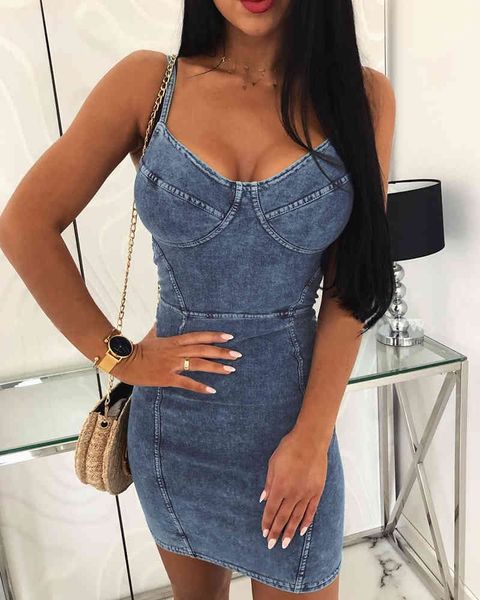 Sommer Frauen Ärmelloses V-ausschnitt Faux Denim, Figurbetontes Kleid Weibliche Sexy Dünnes Büro Minikleid Damen Sexy Backless Vintage 210415