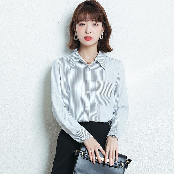 

women's blouses & shirts shirts striped women's long sleeves loose autumn chiffon mujer verano t3km, White