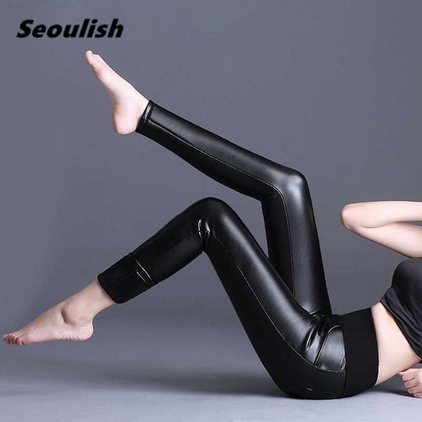 Seulesh New 2021 осень зима черные искусственные кожаные женские брюки бархатные теплые брюки стрейч тощие брюки карандаш кожаные леггинсы Q0801
