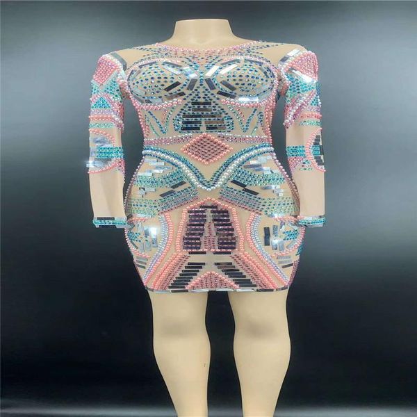 

party decoration v77 singer perform wears mesh rhinestones evening dress pole dance pink green diamonds outfit perspective silver mirror ski