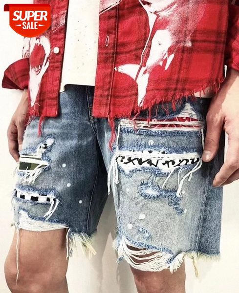

short jeans, cashew flower, checkerboard, camouflage holes, damaged denim shorts #hw7c, Blue