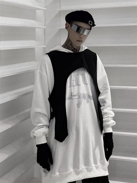 

men's vests street hip-hop workwear waistcoat with urban youth fashion trend leisure loose large size, Black;white