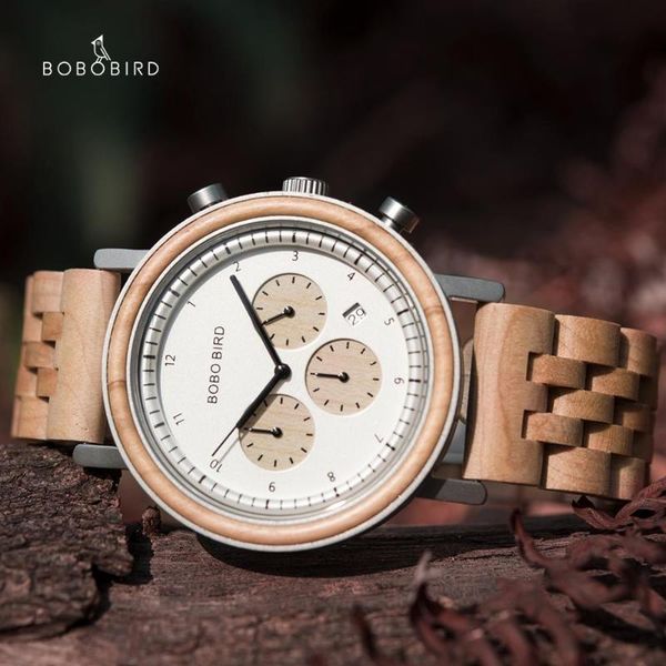 

wristwatches chronograph bobo bird wooden mens watch auto date satch multifunction timepiece montre homme luxury customized drop, Slivery;brown