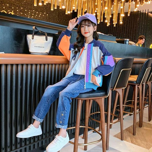 

jackets autumn girls casual baseball uniform jacket children's clothing letter patchwork outerwear kids zipper cardigan coat, Blue;gray