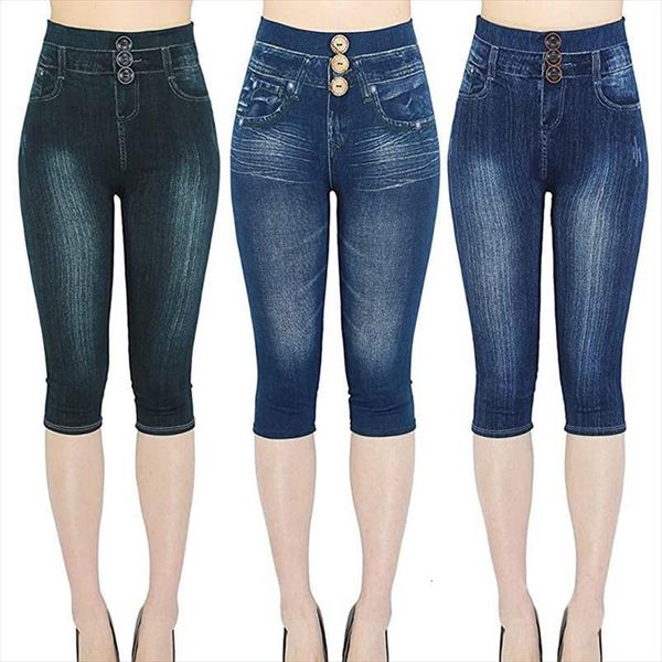 

faux jeans stretch printed women legging short leggins pants summer breeches high waist perfect fit jeggings, Black
