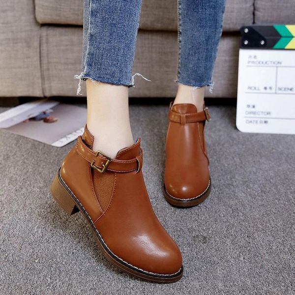 

boots women ankle 2021 winther female casual shoes woman flat fashion platform round toe buckle strap solid comfortable, Black