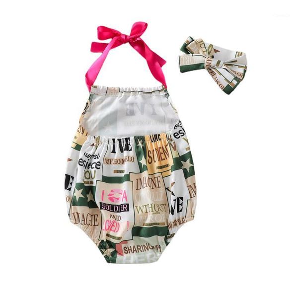 

rompers 2021 2pcs toddler summer outfit, letter print lace-up halter neck backless romper + hairband for baby girls, 3-24 months, Blue