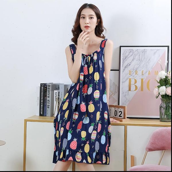

summer night dress nightgown cute women sleepwear cotton loose print spaghetti strap sleeveless nightie nightdress, Black;red