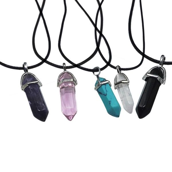 

chains natural stone necklace hexagonal crystal pendant leather rope chain, Silver