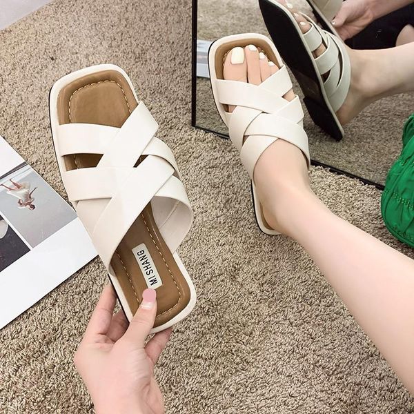 

slippers shoes woman's slides lady loafers fashion 2021 summer soft flat rubber girl luxury casual basic retro fabric pu rome, Black