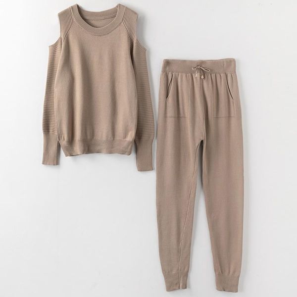 

two piece dress fashion women track suits sets autumn winter soft pullovers and long pants knitted casual 2pcs sweater, White
