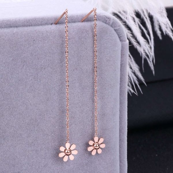 

new rose gold titanium steel hanging daisy women's fashion simple love camellia earrings jewelry, Black