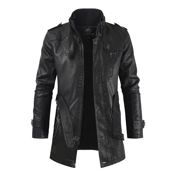 Mittellange Herren-Lederjacke mit Stehkragen und großem Samt-Herrengürtel, warme und winddichte PU-Jacke 211111