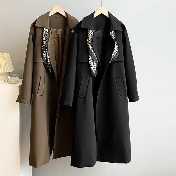 

women's trench coats woman casual patchwork double breasted mid-length korean famous green overcoats221, Tan;black