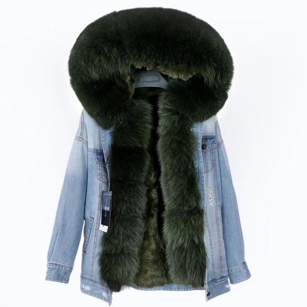 

2020 real fur coat big natural fox fur collar winter jacket rabbit fur liner women detachable denim jacket, Black