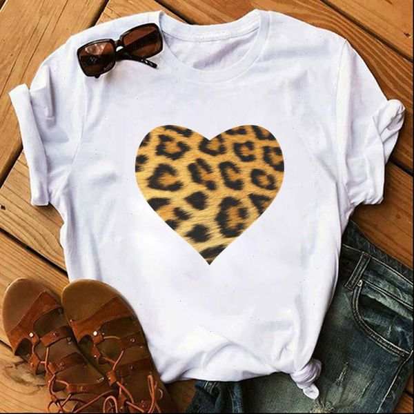 

leopard women heart print fashion casual o neck female t shirt 90s lady yong girl valentines day, White