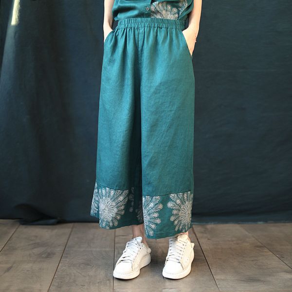 

johnature spring summer loose retro print elastic waist wide leg pants cotton linen comfortable all-match women pants 210521, Black;white
