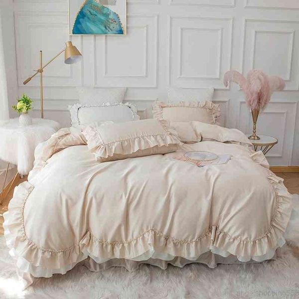 

vintage farmhouse solid white blue bedding 100%cotton soft double ruffles duvet cover bedskirt pillowcases 4/6pcs bed set