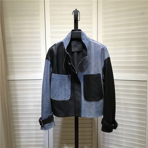 

women's jackets europe-style women autumn denim shredded leather pockets genuine female jacket c504, Black;brown