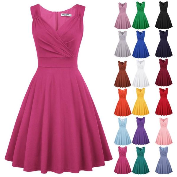 

casual dresses women summer pure color sleeveless v-neck flared a-line swing elegant party dress knee length fashion lady, Black;gray