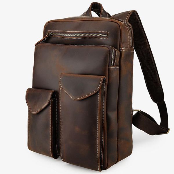 

retro genuine leather men backpack large capacity casual crazy horse travel 15.6 inch lapbag shoulder bags