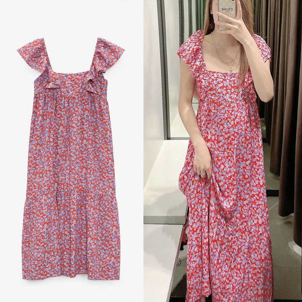 

za elegant ruffle floral print red dress women short sleeve vintage pleat long party dresses woman elastic summer dress 210602, Black;gray