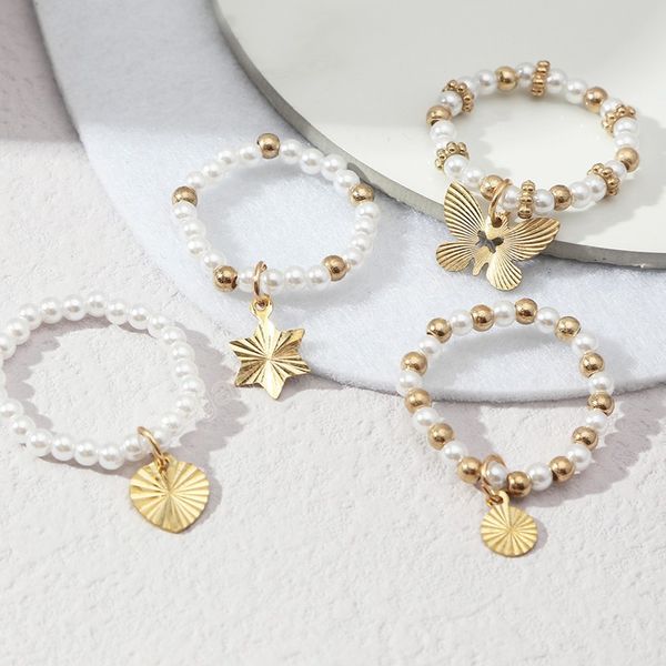 

4pcs/set cute multi beaded imitation pearl ring golden heart star butterfly pendant adjustable rope chain rings for women, Silver